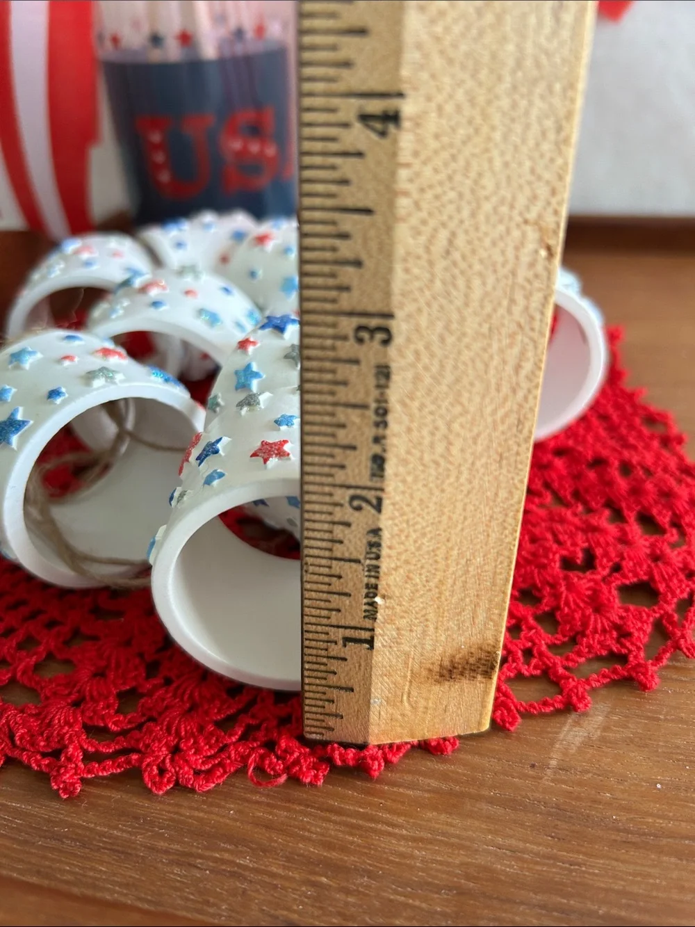 Patriotic Star Ribbon Napkin Rings - White with Red & Blue Stars Set of 8.
